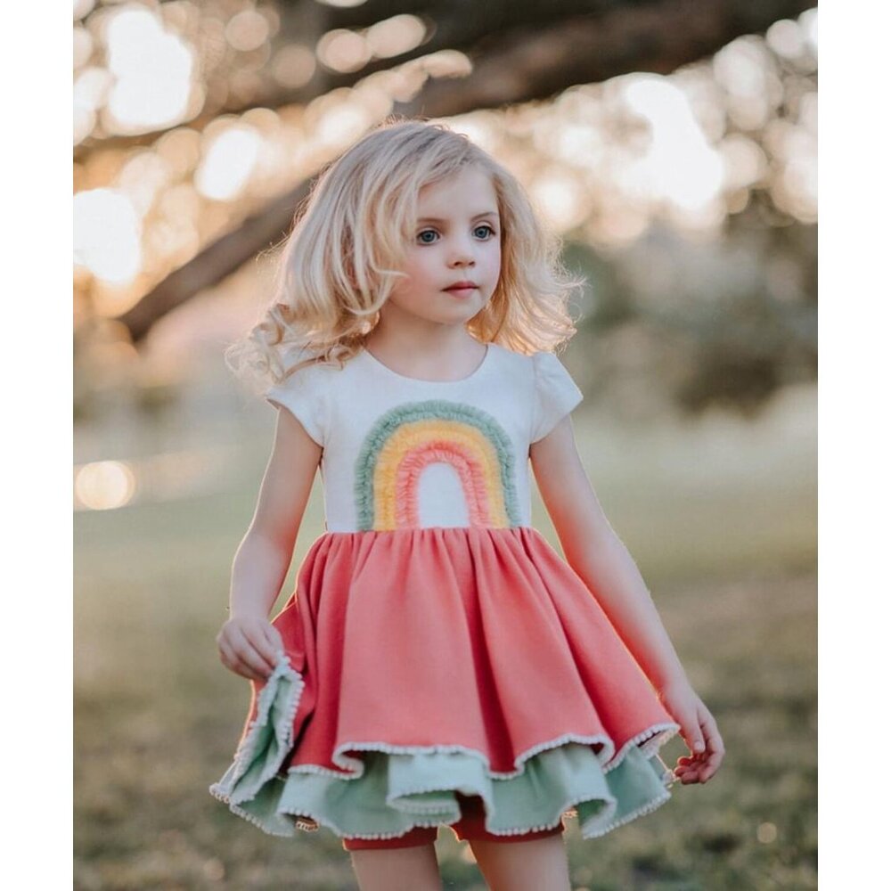 Sz 8 Girl August Apricot Rainbow Lucy dress and shorts set NWT
